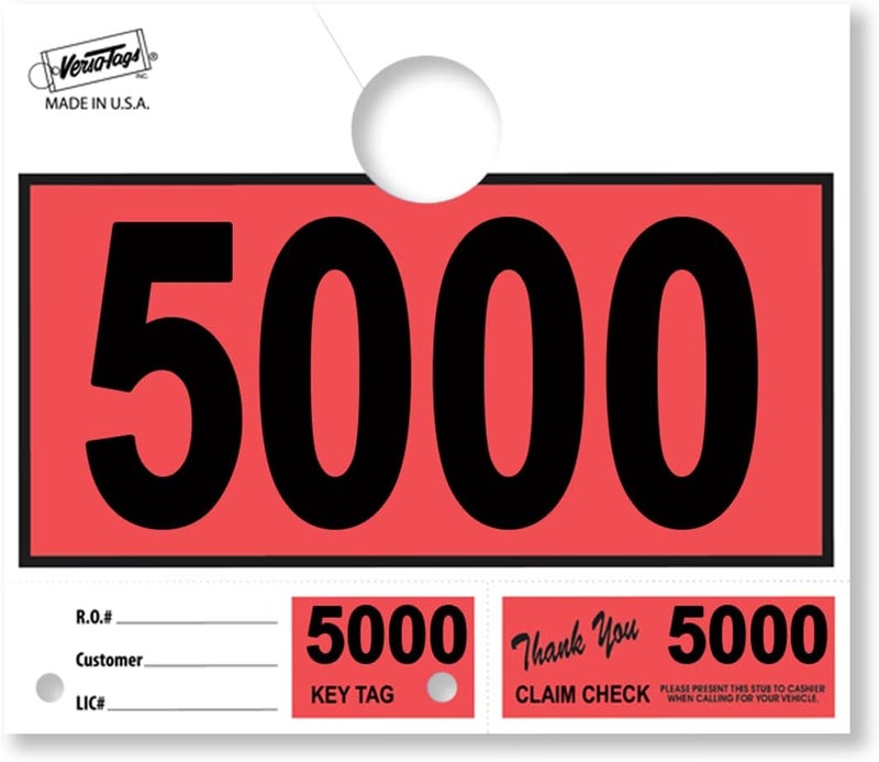 Versa-Tags 1000 Red Car Dealer Service Hang Tags Service Dispatch Numbers, Service Department Numbered Key Tags for Mechanic Repair Shop 3 Part Key Ring - Red (5000-5999) - Image 1